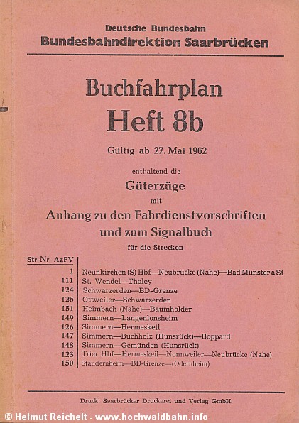 Deckblatt Buchfahrplan 8b Saarbr&uuml;cken 1962